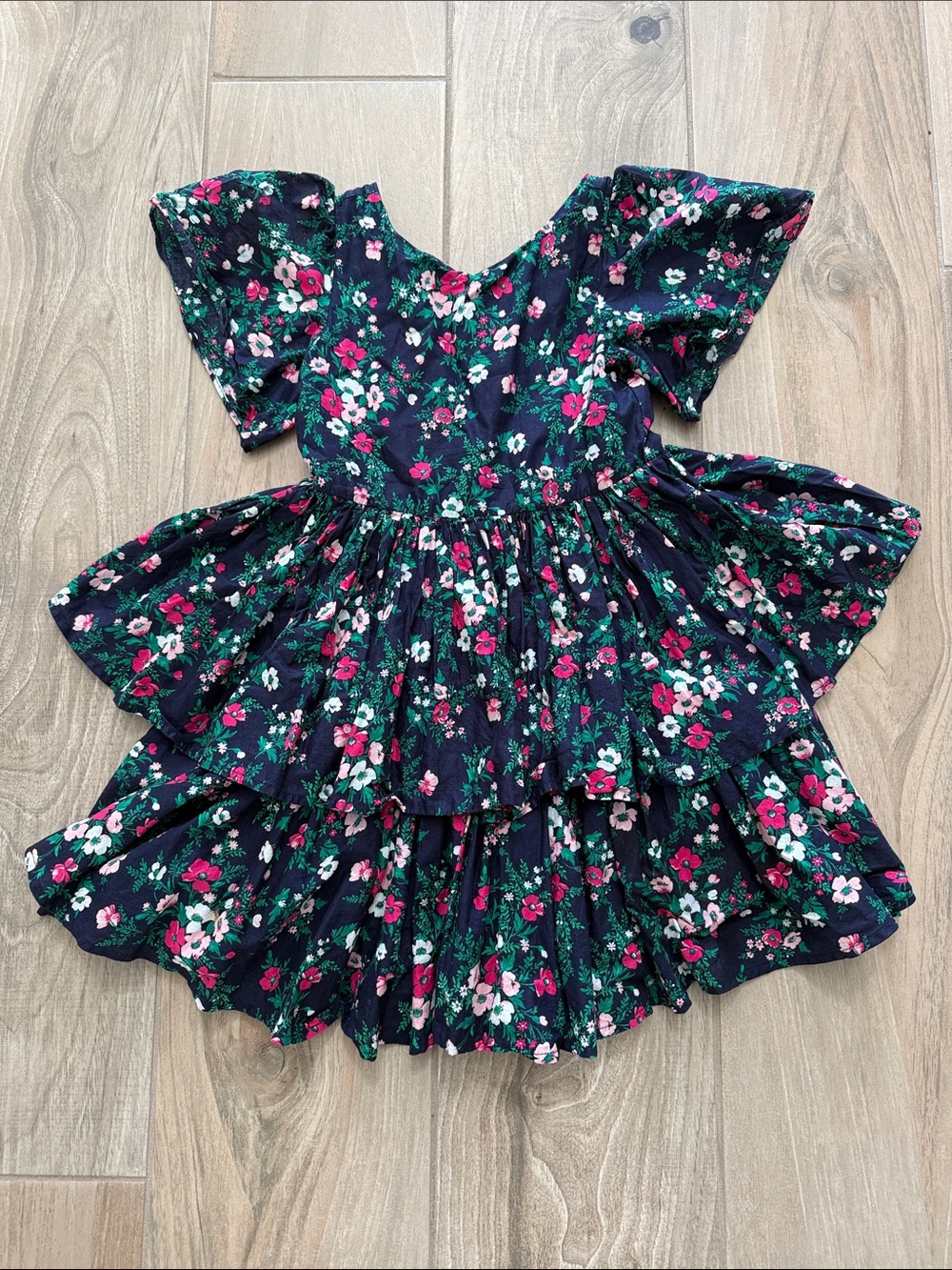 Janie and Jack Navy Floral Tiered Dress with Pink & White Blossoms